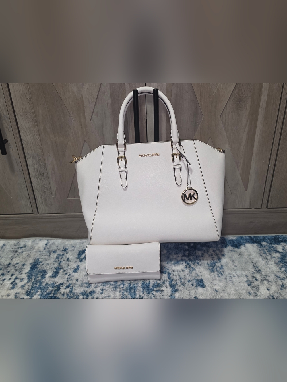 Michael Kors White Saffiano Tote with Gold Hardware and MK Charm